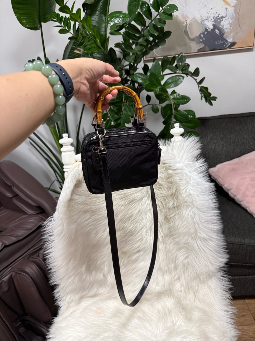 Authentic Gucci Black Nylon Mini Bag with Bamboo Top Handle 2 Way